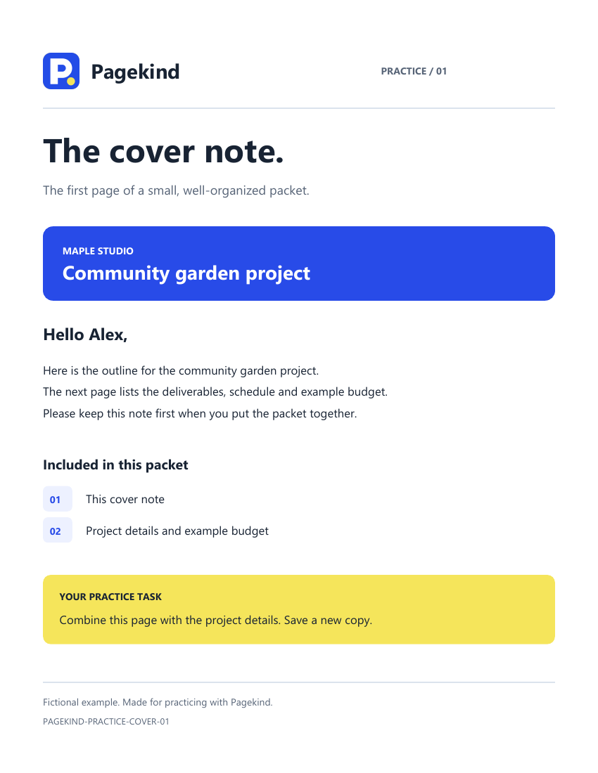 First practice PDF: the Pagekind cover note for a fictional community garden project.