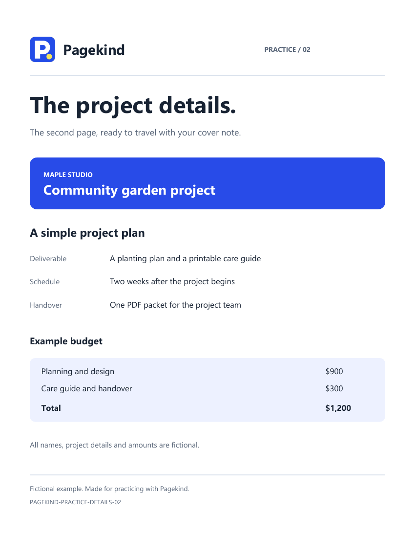 Second practice PDF: project details with a fictional schedule and budget.