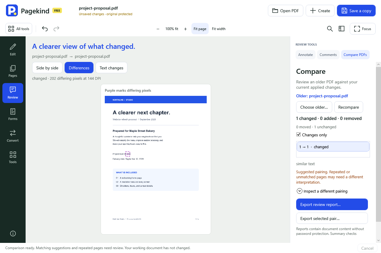 Actual Pagekind difference view rendered offscreen, with a purple marked region around the revised proposal total.