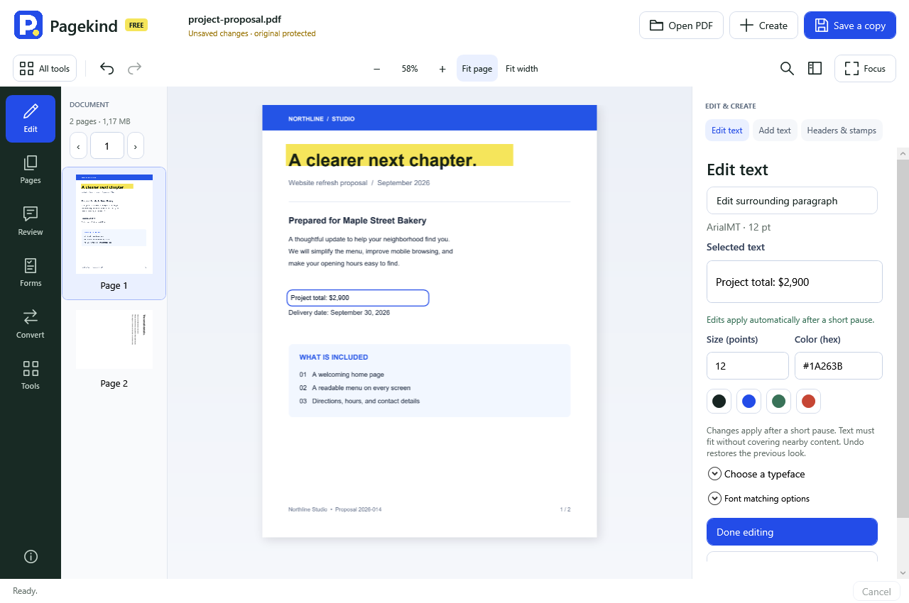 Earlier Pagekind desktop preview editing a price in a synthetic proposal, with text controls and Save a copy.