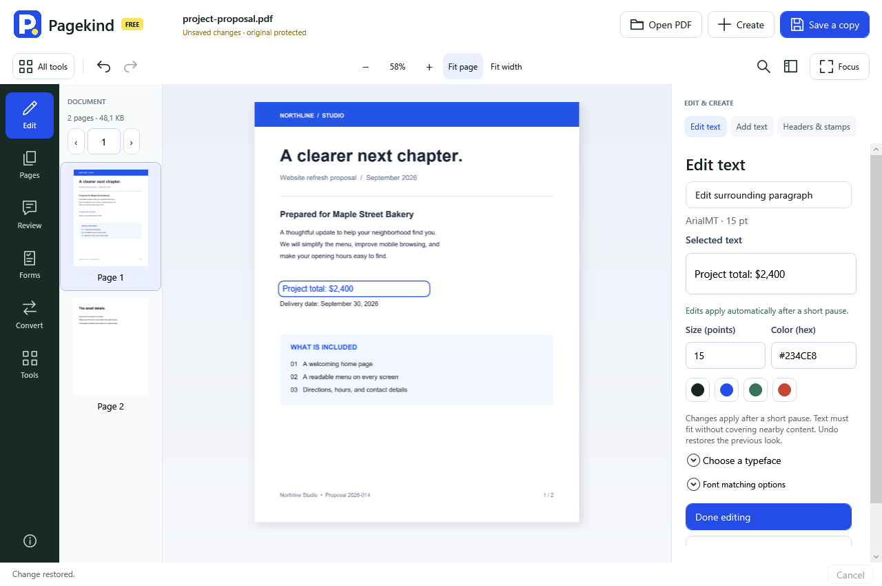 Actual Pagekind text editor rendered offscreen with a blue proposal total and live size and color controls.